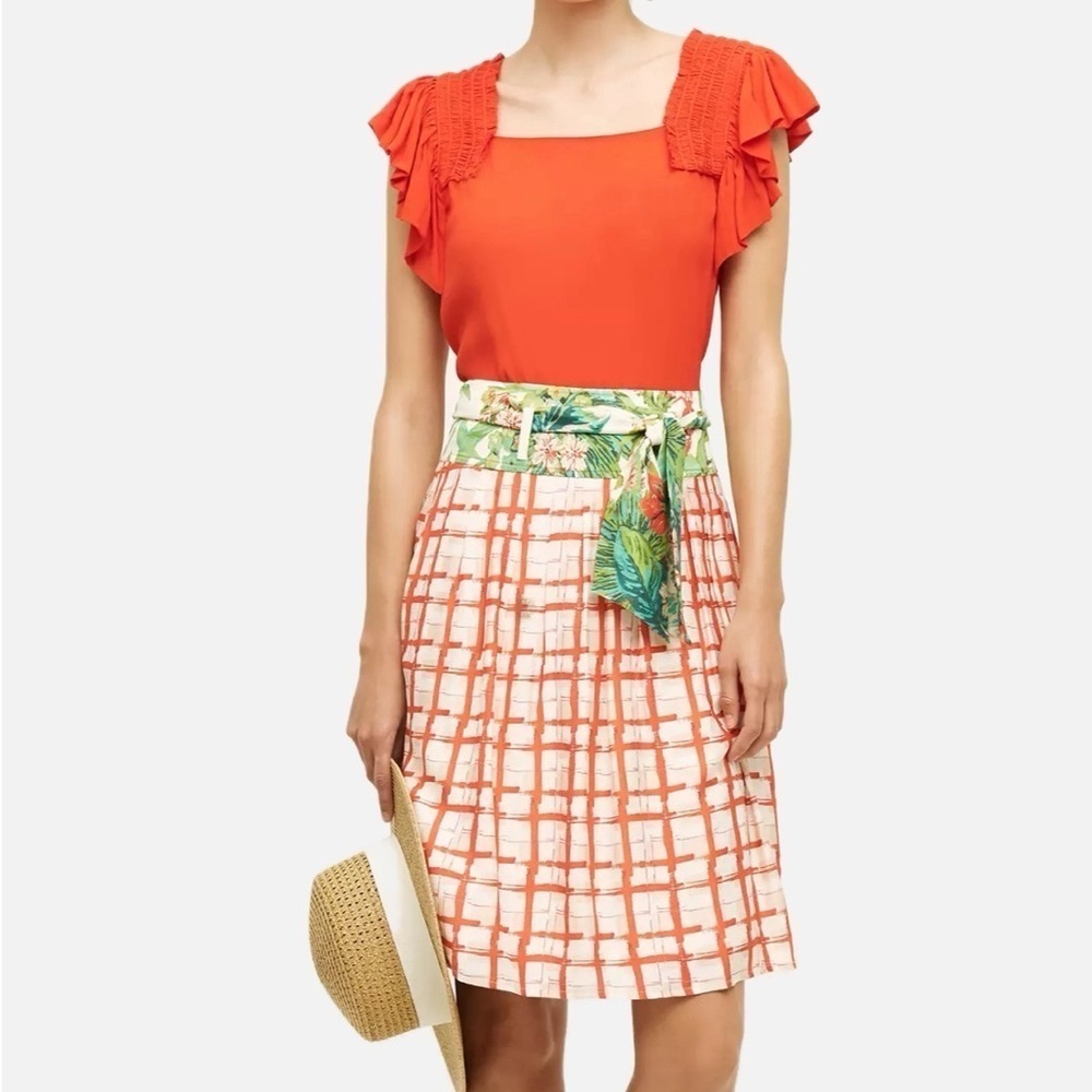 ANTHROPOLOGIE MAEVE County Fair Windowpane Silk Blend Pleated Skirt 8